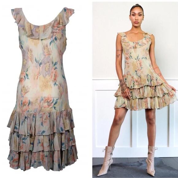 Ralph Lauren Vintage Silk Slip Dress Floral Tiered Ruffle Chiffon Mini 90s Y2k 6 - Picture 1 of 13